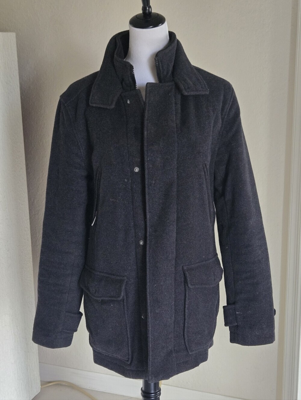 Covington Wool-Blend Coat Insulated Charcoal Utility Jacket with Double Collar.